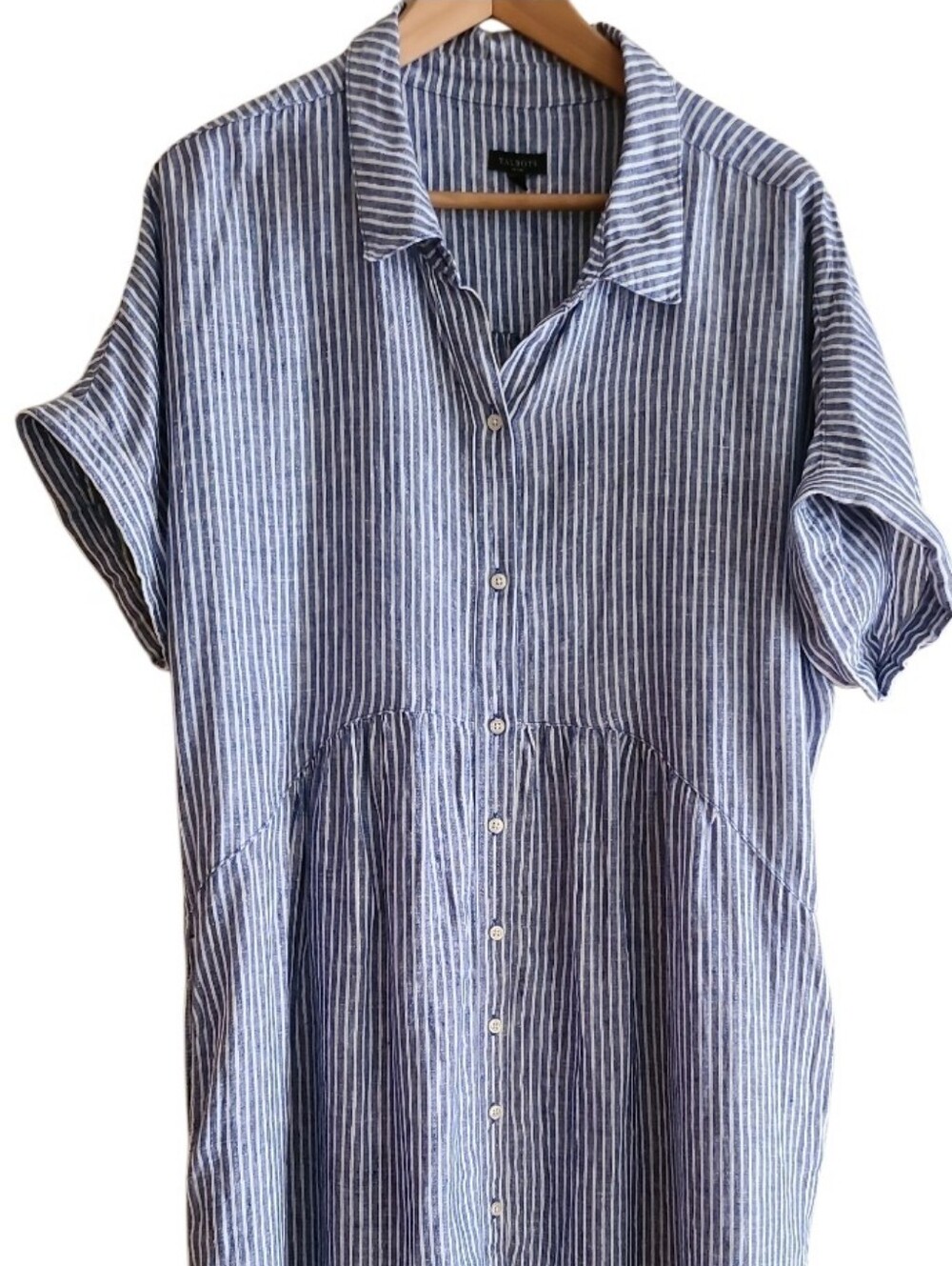 Talbots Petite Drop Waist 100% Linen Stripe Shirt Dress Blue White - Picture 5 of 17